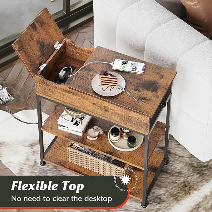 WLIVE Narrow Side Table with Charging Station, End Table for Living Room, Couch Side Table with Fabric Drawer for Bedroon, 11.8‘’W 23.6‘’L 24‘’H, Rustic Brown