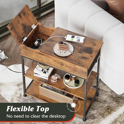 WLIVE Narrow Side Table with Charging Station, End Table for Living Room, Couch Side Table with Fabric Drawer for Bedroon, 11.8‘’W 23.6‘’L 24‘’H, Rustic Brown