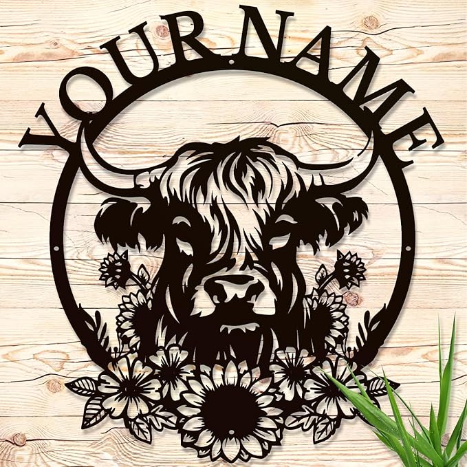 Personalized Highland Cow Name metal Signs,Custom Highland Cow Metal Shed Wall Decor,Black Metal Wall Art Plaques Outdoor wall Decorative Signage (Style H)