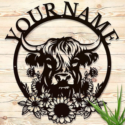 Personalized Highland Cow Name metal Signs,Custom Highland Cow Metal Shed Wall Decor,Black Metal Wall Art Plaques Outdoor wall Decorative Signage (Style H)