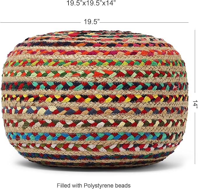 REDEARTH Round Pouf Ottoman - Braided Boho Poof Home Décor Pouffe Accent Sitting Circular Foot Rest for Living Room, Bedroom, Nursery, Kidsroom, Lounge; Jute and Cotton (19.5"x19.5"x14"; Multi)