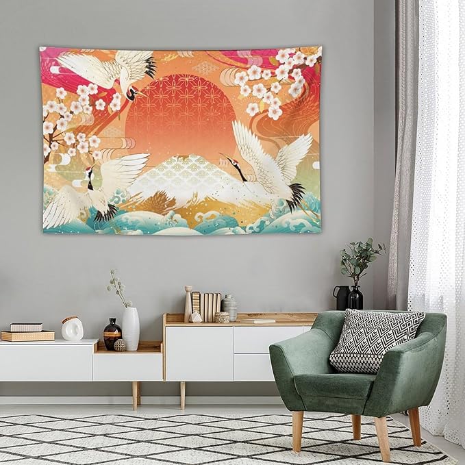 HZOHNAGO Japanese Tapestry Cherry Blossom Crane Sea Wave Fuji Mountain Red Sun Pattern Printed Wall Tapestry Painting Wall Hanging for Bedroom Living Room Dorm 60" W x 40" H