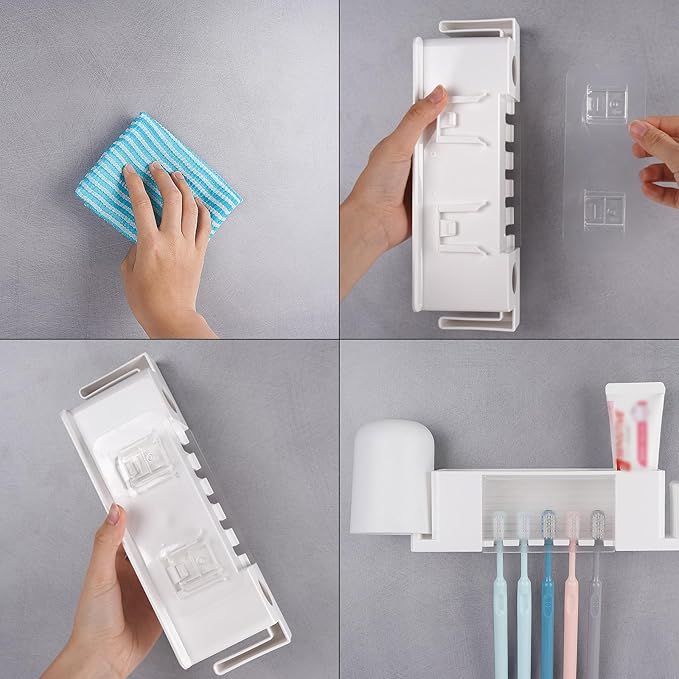 5 Slots Wall Mount Toothbrush Holder with Cover, Self Adhesive Toothbrush Storage Organizer for Shower, Toothpaste & Toothbrush Hanger for Bathroom, Medicine Cabinet, Dorm (White Large)