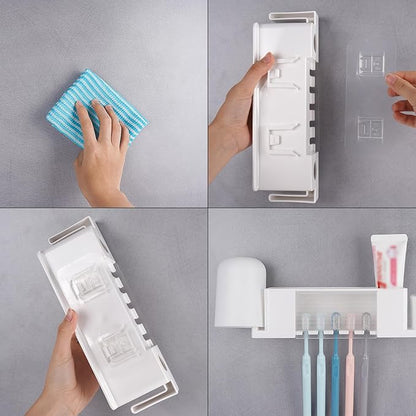 5 Slots Wall Mount Toothbrush Holder with Cover, Self Adhesive Toothbrush Storage Organizer for Shower, Toothpaste & Toothbrush Hanger for Bathroom, Medicine Cabinet, Dorm (White Large)
