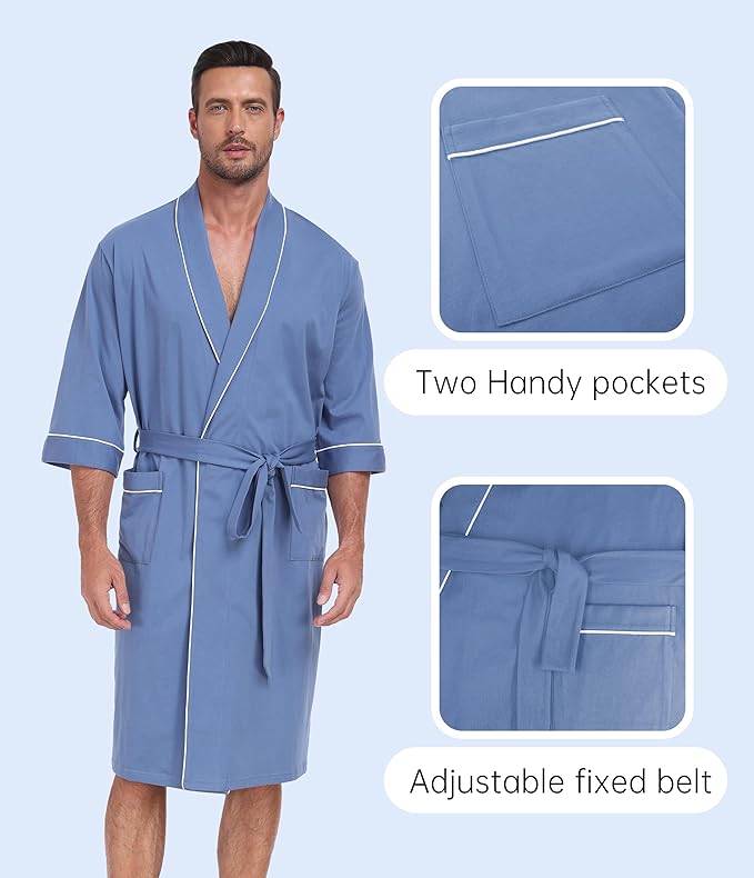 CF Men's Robe Cotton Bathrobe Soft Short Sleeve Bath Robes Shower Robe for Spa Soft Kimono Lightweight Sleepwear with Pockets