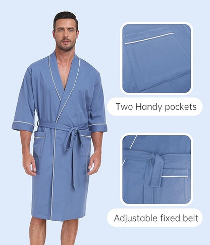 CF Men's Robe Cotton Bathrobe Soft Short Sleeve Bath Robes Shower Robe for Spa Soft Kimono Lightweight Sleepwear with Pockets