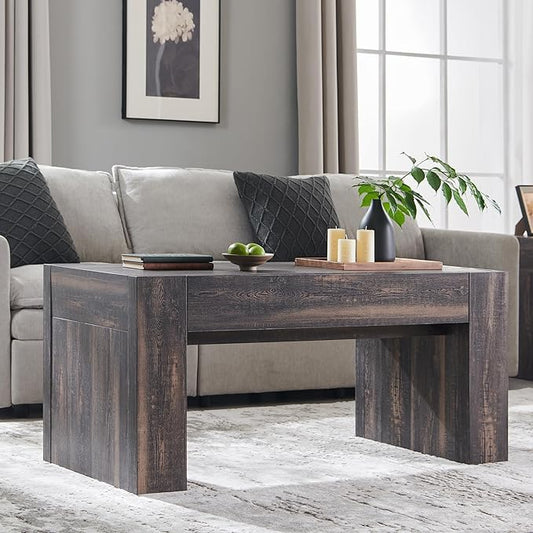 OKD 48" Modern Farmhouse Coffee Table, Wooden Living Room Table with Hidden Storage Drawer, Rustic Rectangular Center Tables w/Wood Thick Design for Living Room, Office, Dark Rustic Oak