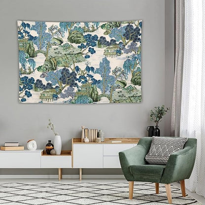 Chinoiserie Tapestry, Asian Watercolor Abstract Art, Japanese Wall Tapestry, Nature Landscape Tapestries for Bedroom, Living Room Decor 90"x60"