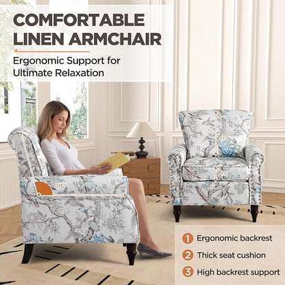 Wingback Accent Chair with Removable Pillow, High Back Floral Armchair with Solid Wood Legs & Nailhead Trim, Comfy Upholstered Reading Single Sofa Chair for Bedroom (2, Bird Floral Pattern)