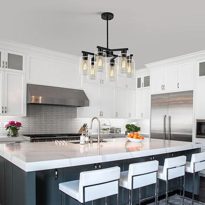 6-Light Modern Farmhouse Black Chandelier, Dining Room Light Fixture Over Table Adjustable Height Hanging Industrial Pendant Lights Kitchen Island, Clear Glass Shade