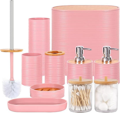 Bathroom Accessory Set,10 PCS Pink Bathroom Accessories Set with Trash Can, Toothbrush Holder, Soap Dispenser, Toothbrush Cup, Vanity Tray, Soap Dish, Toilet Brush, Qtip Holders