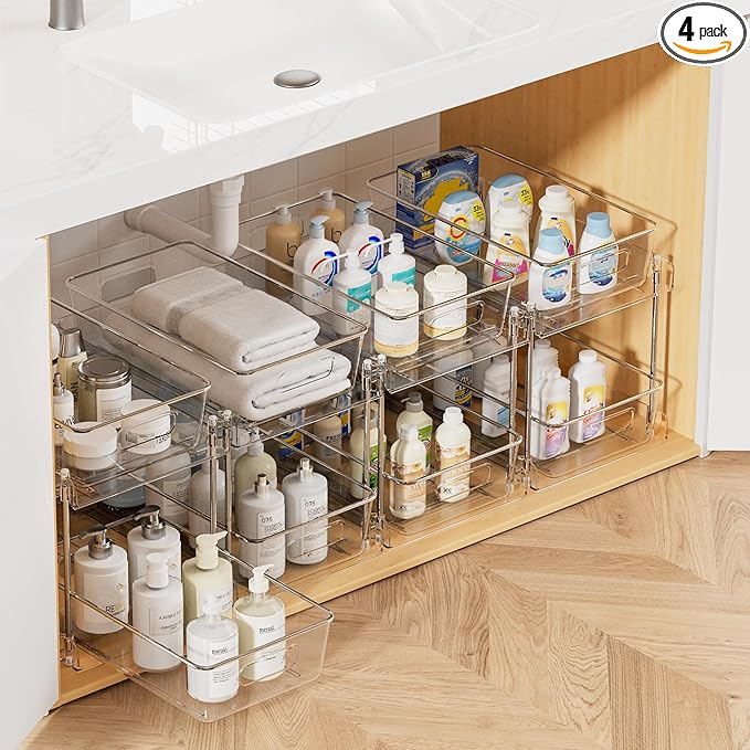 Vtopmart 4 Pack Bathroom Organizer, 2 Tier Clear Under Sink Organizers Vanity Countertop Storage Container,Cabinet Drawers Bins, Pull-Out Organization with Track for Pantry, Kitchen