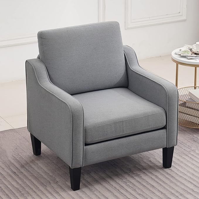 VINGLI Mid Century Modern Accent Chair, Light Grey Fabric Accent Chairs for Living Room Upholstered Armchair with Scooped Arms for Bedroom, Apartment, Studio, Office, Waiting Room