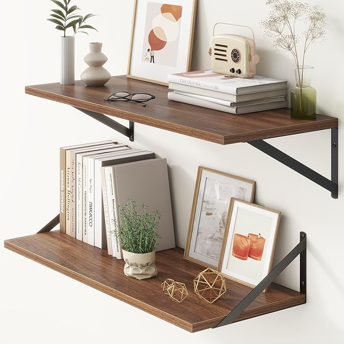 12 Inch Deep Floating Shelves, 30W x 12D Wall Shelves with Brackets, Walnut Floating Shelves 30 Inch Long, Rustic Wood Wall Shelf, Wide Storage Display Shelf for Kitchek, Living Room, Bathroom