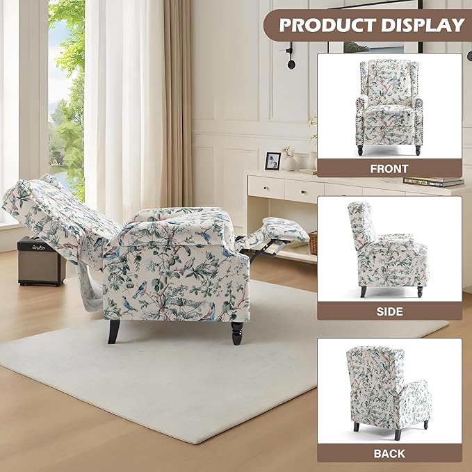 UIXE Floral Pushback Recliner Chair, Fabric Upholstered Armchair Push Back Accent Chair for Living Room, Rivet Trim Club Chair Home Theater Single Sofa Reading Seat - Bird
