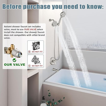 Aolemi Tub Shower Faucet Set with Tub Spout Rain Shower Head System Shower Trim Kit Pressure Rough-in Valve Included ABS 8 Setting Dual Shower Head and Handheld Spray Brushed Nickel