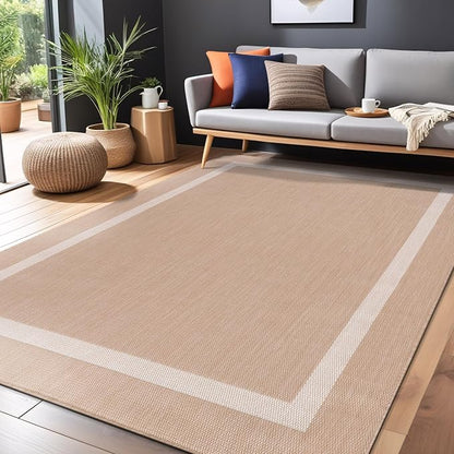 Bordered Outdoor Rug 6x9 Washable Outside Carpet for Indoor Patio Porch Waterproof Easy Cleaning Non Shedding Area Rugs Beige 6 x 9