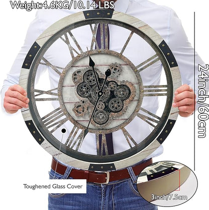 DORBOKER 24" Large Wall Clock with Moving Gears,Oversize Vintage Industrial Rustic Farmhouse Clocks for Living Room Decor Office Home,Solid Wood Retro Metal HD Tempered Glass Cover,Desert Beige