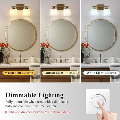 Stainless Steel Milk Glass Vanity Lights for Bathroom, 2 Light Brass Bathroom Light Fixtures Over Mirror, Ceramic E26 Sockets Wall Mounted