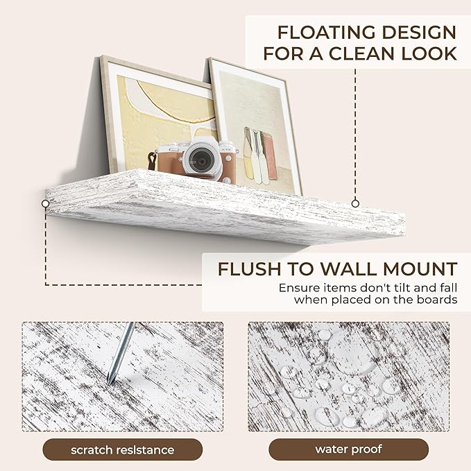 RICHFOCUS 36Inch Floating Shelves for Wall 2 Pack Shelves for Bedroom|Kitchen|Bathroom Wall Mounted Rustic Distressed Wood Floating Shelf with Invisible Brackets for Books|Storage|Decor, Rustic