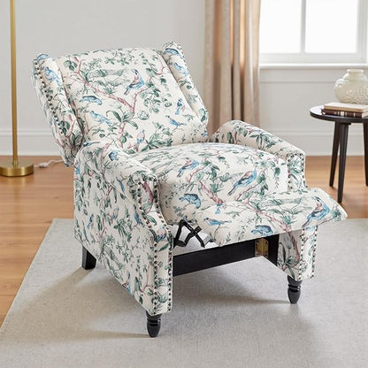 UIXE Floral Pushback Recliner Chair, Fabric Upholstered Armchair Push Back Accent Chair for Living Room, Rivet Trim Club Chair Home Theater Single Sofa Reading Seat - Bird