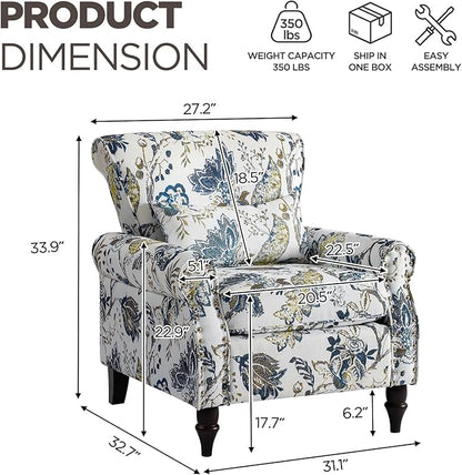 Wingback Accent Chair with Removable Pillow, High Back Floral Armchair with Solid Wood Legs & Nailhead Trim, Comfy Upholstered Reading Single Sofa Chair for Bedroom (1, Blue Floral Pattern)
