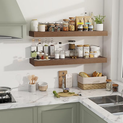 40 Inch Floating Shelves, 12" Deep Floating Shelf Wall Mounted, 40" Wall Shelves, Rustic Deep Bookshelf, Extra Deeper & Thicker Display Shelves for Bedroom, Living Room, Walnut, Set of 2