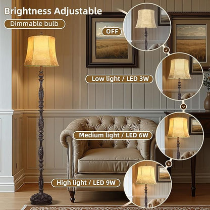 Scenekoy Vintage 66” Tall Floor Lamp for Living Room Bedroom, Retro Resin Carved Standing Lamp with Faux Leather Shade, 3-Way Dimmable Bulb, Rotary Switch Rustic Corner Light for Home Decor
