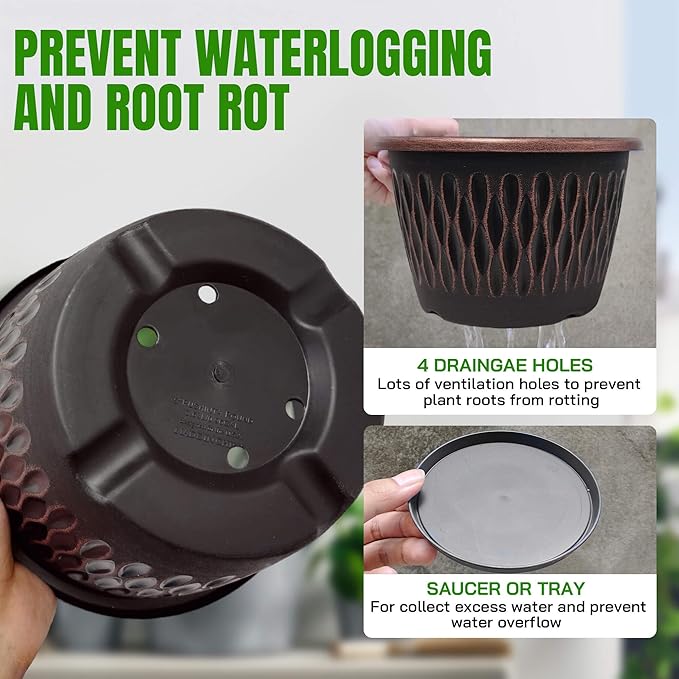 4 Pack 10 Inch Retro Plant Pots, Vintage Striped Flower Pots with Drainage Hole & Saucer, Large Plastic Planters for Indoor and Outdoor Plants, Decorative Garden Pots(Copper)