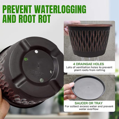 6 Pack 8 Inch Retro Plant Pots, Vintage Striped Flower Pots with Drainage Hole & Saucer, Large Plastic Planters for Indoor and Outdoor Plants, Decorative Garden Pots(Copper)