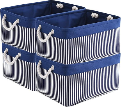 TcaFmac Storage Basket for Organizing - Large 4 Pack Foldable Storage Bins Baskets for Shelves with Ropes, Fabric Storage Cubes for Cloth Toy Gift Kids (Navy & White 16x12x8 inch)
