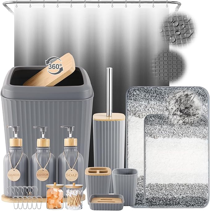 32PCS Grey Bathroom Accessories Set with Shower Curtain,Rugs,Trash Can,3PCS Lotion Soap Dispenser, Toothbrush Holder, Soap Dish,Tumbler Cup,6PCS Wood Tags Bath Accessories with Tray for Bathroom