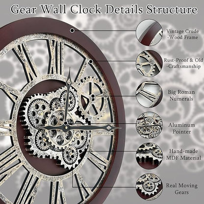 HOIBAI Wall Clock, Clocks for Living Room Decor 20 Inch Big Moving Gears Clock Farmhouse Vintage Rustic Wall Clock Vintage Roman Oversized for Home Bedroom House Kitchen Wall Decor