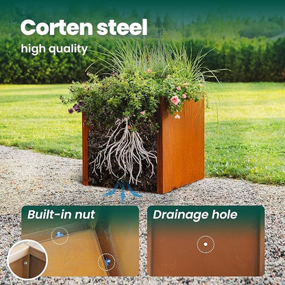 Corten Steel Planter Box Metal Outdoor Large Rectangular Rustic Durable Antique Detached for Commercial Residential Patio Deck and Backyard 17" x 17" x 18"