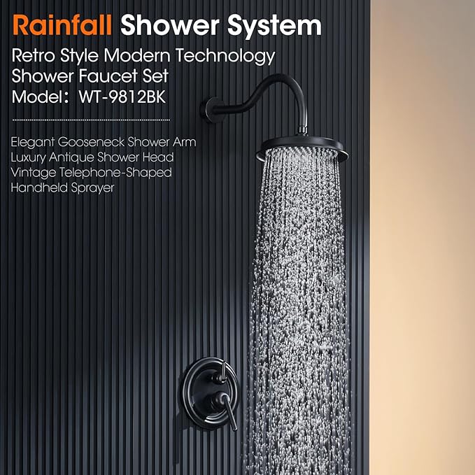 Rainfall Shower Head System with Pressure Balance Valve 9 Inch Bathroom Luxury Rain Mixer Shower Combo Set Wall Mounted Antique Shower Faucet Sets with Vintage Handheld Spray Matte Black