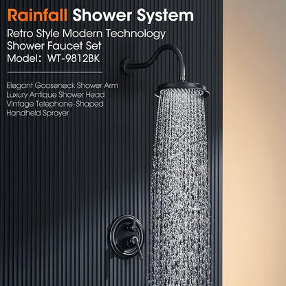 Rainfall Shower Head System with Pressure Balance Valve 9 Inch Bathroom Luxury Rain Mixer Shower Combo Set Wall Mounted Antique Shower Faucet Sets with Vintage Handheld Spray Matte Black