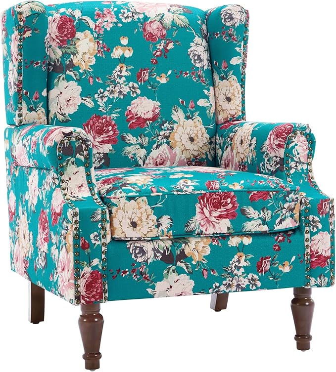 UIXE High Back Floral Accent Chairs Set of 2, Upholstered Armchair in Fabric, Retro Printed Wingback Arm Chair for Living Room, Nailhead Trim Single Sofa Bedroom Reading Seat - Peacock Blue
