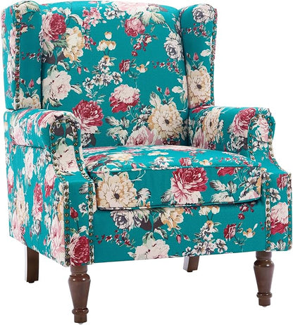 UIXE High Back Floral Accent Chairs Set of 2, Upholstered Armchair in Fabric, Retro Printed Wingback Arm Chair for Living Room, Nailhead Trim Single Sofa Bedroom Reading Seat - Peacock Blue