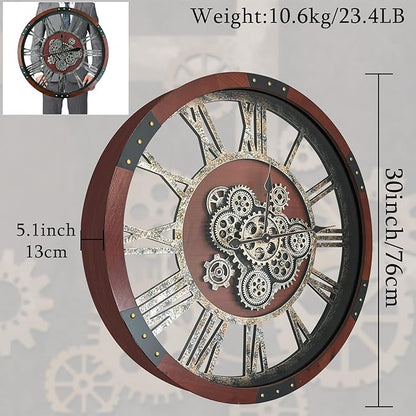 30Inchs Moving Gears Wall Clock, Oversized Wall Clocks, Clock Living Room Decor, Solid Wood Frame, Battery Operated, Large Wall Clock with Steampunk Industrial for Fireplace(Black Walnut)