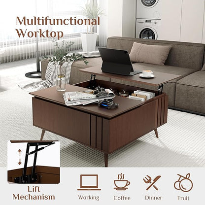 36.2" Lift Top Coffee Table with Storage, Large Square Coffee Tables with Hidden Compartment, Mid Century Modern Center Table for Home Office,Living Room,Dark Walnut