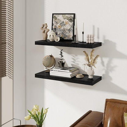 Black Floating Shelves for Wall, 27.5 Inch Bathroom Shelves Set of 2, Rustic Wood Wall Shelf with Invisible Brackets for Books|Storage|Decor, 8 Inch Deep Floating Shelf for Bedroom|Kitchen