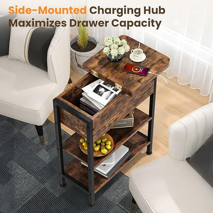 End Table with Charging Station, Flip Top Side Table with USB Ports and Outlets, 3-Tier Small Side Table with Storage for Small Space, End Tables for Living Room/Bedroom, Brown