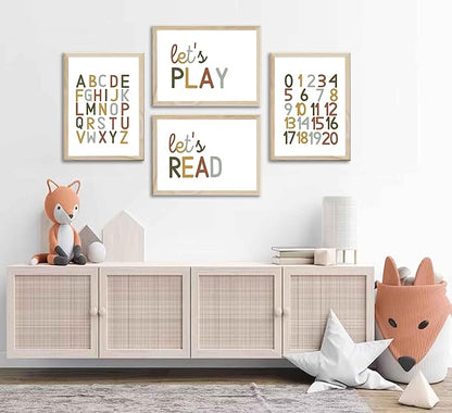 4 Pcs Boho Playroom Canvas Wall Art Nursery Toddler Educational Let's Read Let's Play Painting Pictures Wall Decor Posters Print Artwork for Girl Boy Childs Room Classroom Home Decoration Unframed