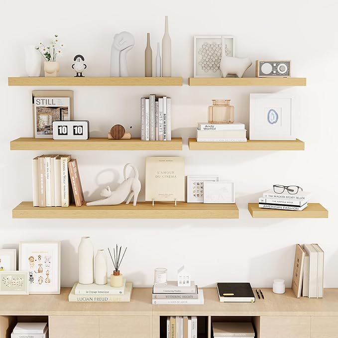 36 Inch Floating Shelves, 3D Textured Wood Grain, 36"x9.25"x1.5" Inch Deep Floating Shelves for Wall, Wooden Shelves for Bathroom, Bedroom, Living Room, Natural, 2 Pieces