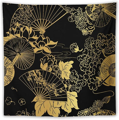 HZOHNAGO Japanese Tapestry Gold Flowers Umbrella Fan Pattern Printed Wall Tapestry Painting Wall Hanging for Bedroom Living Room Dorm 60" W x 60" H