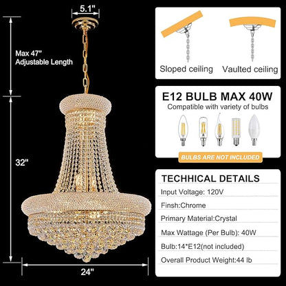 14 - Light Unique Empire Crystal Chandelier with Adjustable Chain for High Ceiling Foyer Entryway Living Room Dining Room Bedroom Gold Finish