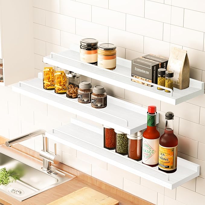 22 inches Long Floating Shelves, Bathroom Decor Shelves Over Toilet, Farmhouse Wall Shelves for Living Room, Bedroom, Picture Frames, Plants, Kitchen, Set of 3 (White)