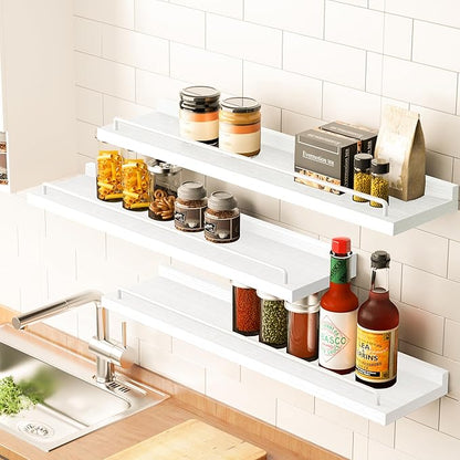 22 inches Long Floating Shelves, Bathroom Decor Shelves Over Toilet, Farmhouse Wall Shelves for Living Room, Bedroom, Picture Frames, Plants, Kitchen, Set of 3 (White)