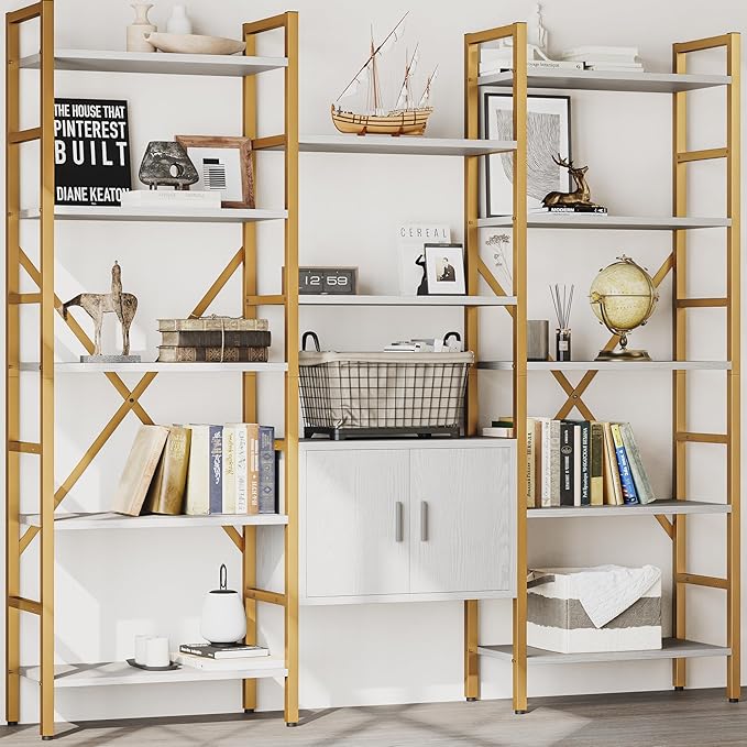 Triple 5 Tier Bookshelf, Industrial Large Bookcase with Storage Cabinet, Tall Gold Bookshelf with 14 Open Display Shelves Metal Frame Furniture for Living Room Bedroom Home Office Gold & White