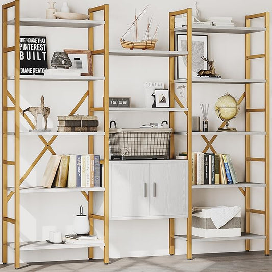 Triple 5 Tier Bookshelf, Industrial Large Bookcase with Storage Cabinet, Tall Gold Bookshelf with 14 Open Display Shelves Metal Frame Furniture for Living Room Bedroom Home Office Gold & White